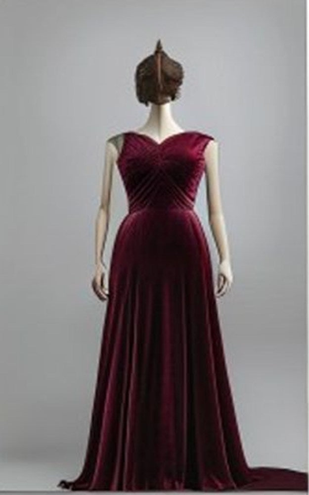 Burgundy Velvet Evening Gown - front view
